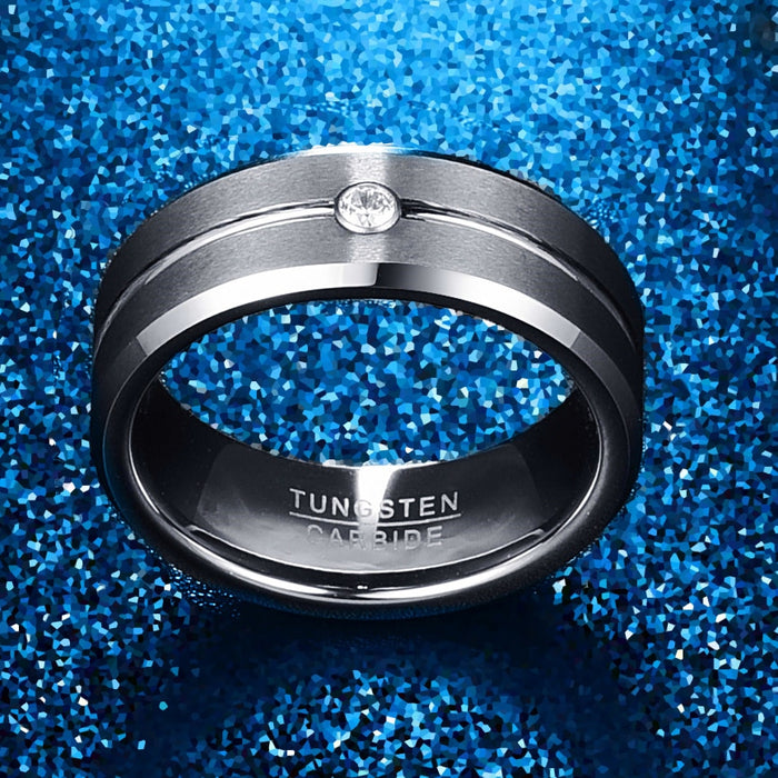 Men's 8mm Cubic Zirconia Grooved Tungsten Carbide Ring