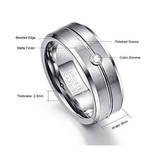 Men's 8mm Cubic Zirconia Grooved Tungsten Carbide Ring