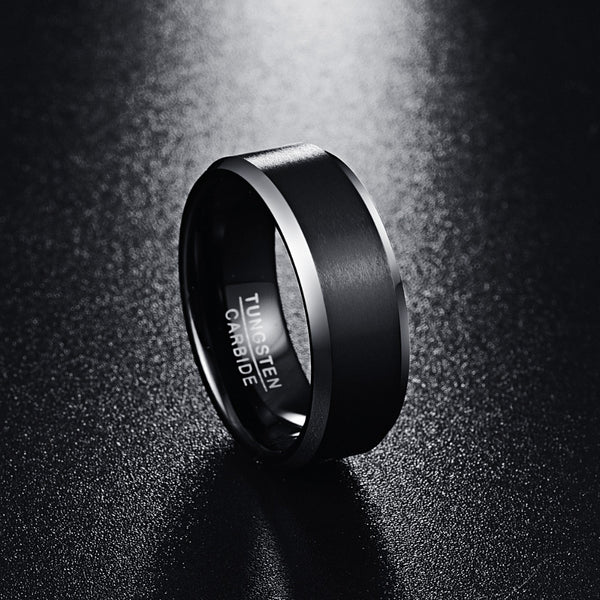 Men's 8mm Black Brushed Beveled Edge Tungsten Carbide Ring