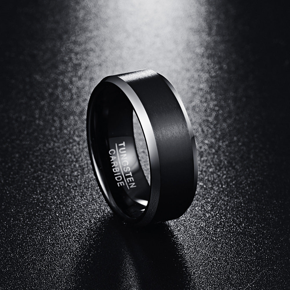 Men's 8mm Black Brushed Beveled Edge Tungsten Carbide Ring