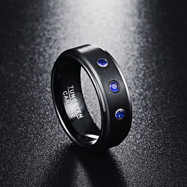 Men's 8mm Blue CZ Brushed Finish Tungsten Carbide Ring