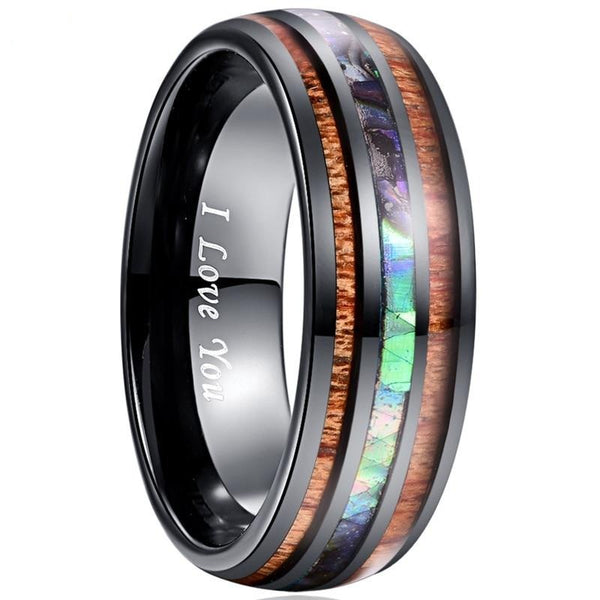 Men's 8mm Electroplated Black Inlaid Acacia Abalone Shell Tungsten Carbide Ring