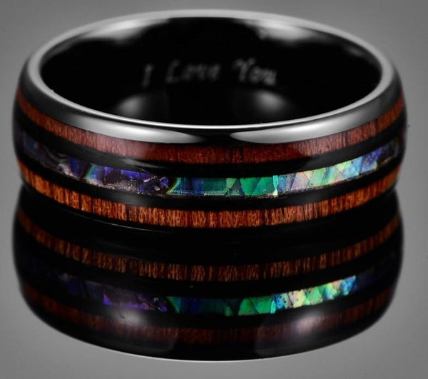 Men's 8mm Electroplated Black Inlaid Acacia Abalone Shell Tungsten Carbide Ring