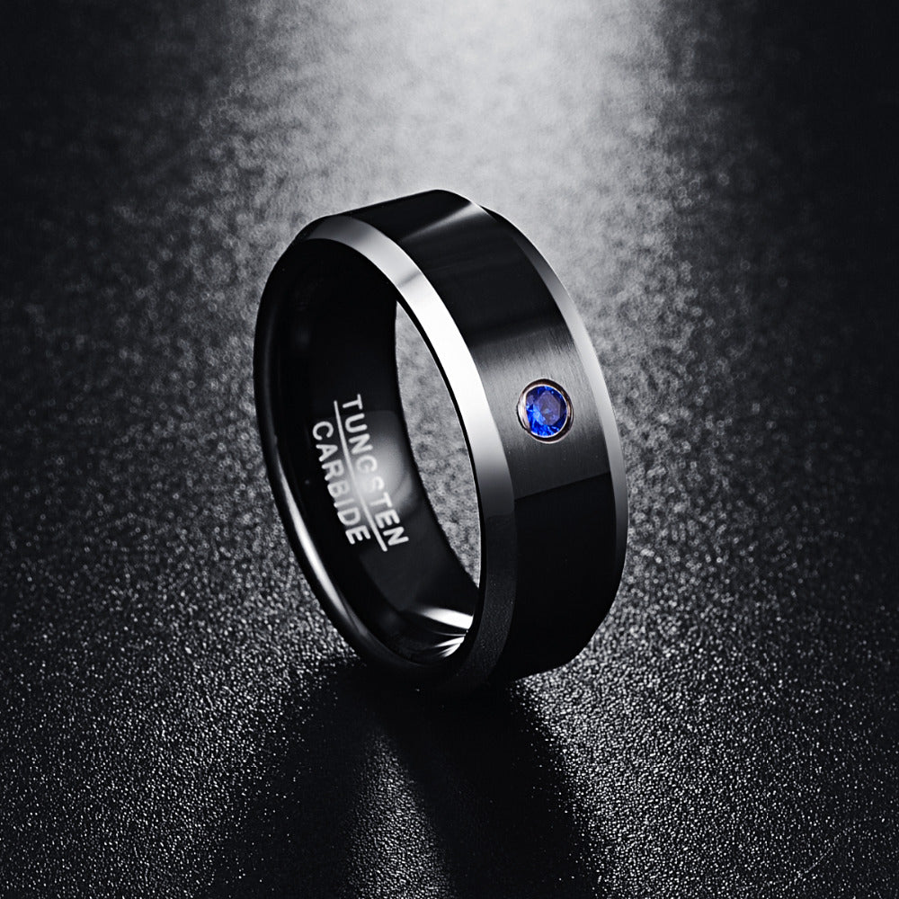 Men's 8mm Black Brushed Blue Cubic Zirconia Tungsten Rings