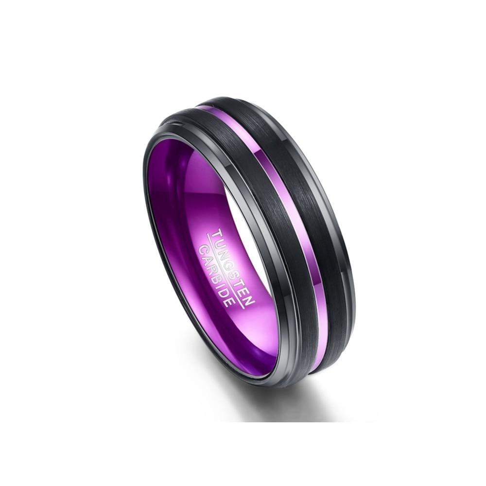 Men's 8mm Black Matte Finish Purple Grooved Small Bevel Tungsten Carbide Ring