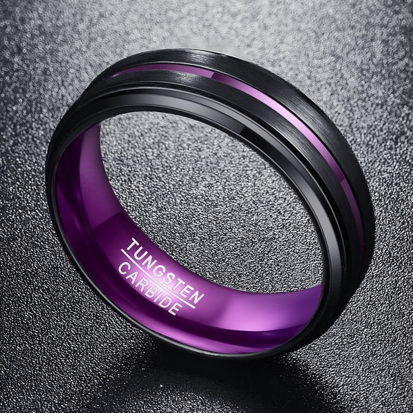 Men's 8mm Black Matte Finish Purple Grooved Small Bevel Tungsten Carbide Ring