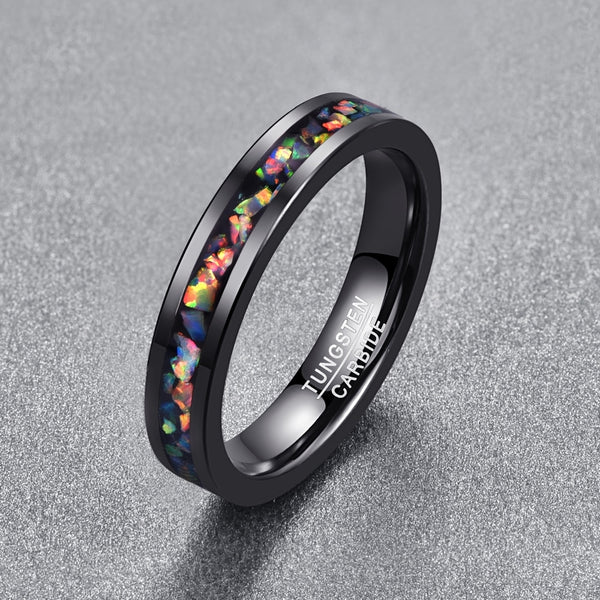 Women's 4mm Inlaid Opal Black Tungsten Carbide Ring