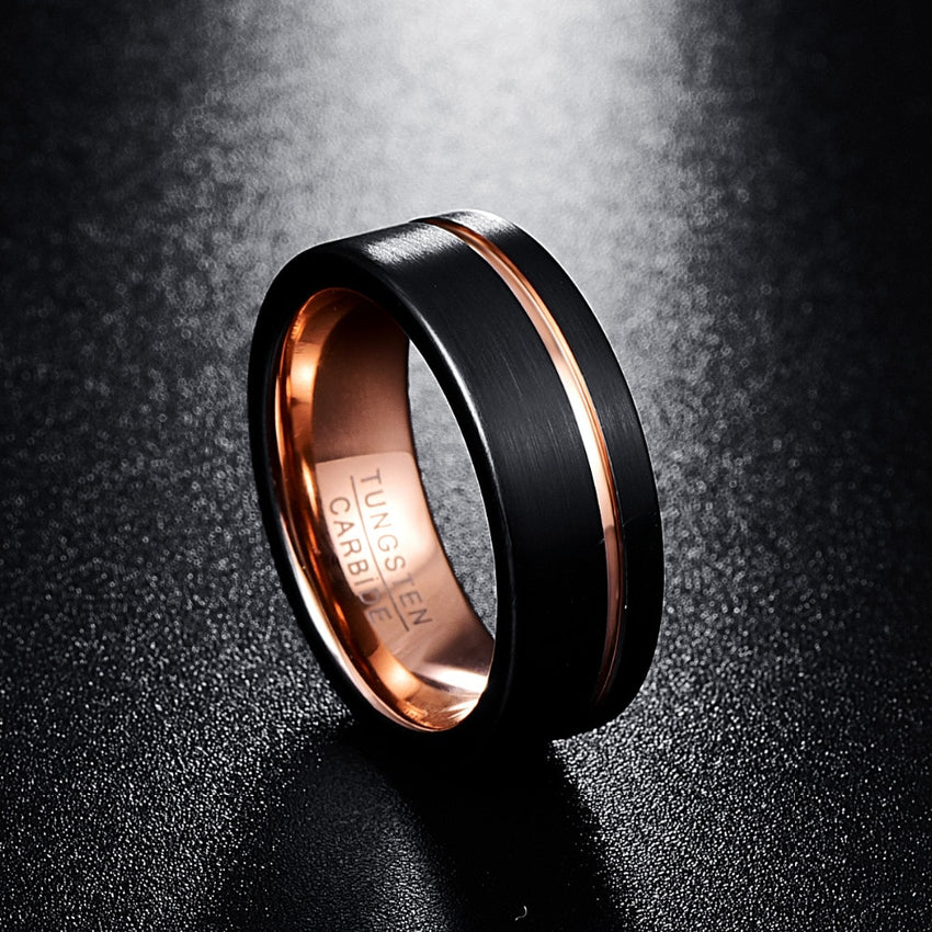 Men's 8mm Black Matte Finish Rose Gold Offset Groove Flat Tungsten Carbide Ring