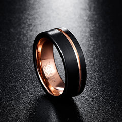 Men's 8mm Black Matte Finish Rose Gold Offset Groove Flat Tungsten Carbide Ring