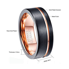 Men's 8mm Black Matte Finish Rose Gold Offset Groove Flat Tungsten Carbide Ring