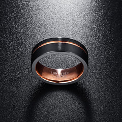 Men's 8mm Black Matte Finish Rose Gold Offset Groove Flat Tungsten Carbide Ring