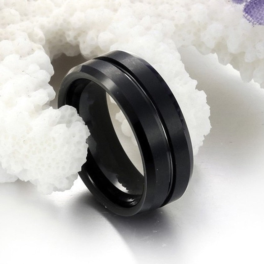 Men's 8mm All Black Center Groove Tungsten Carbide Ring