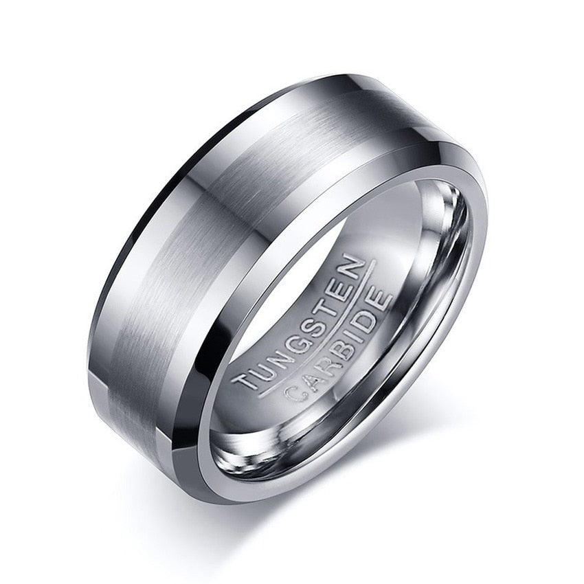 Men's Simple 8mm Silver Matte Finish Groove Tungsten Carbide Ring
