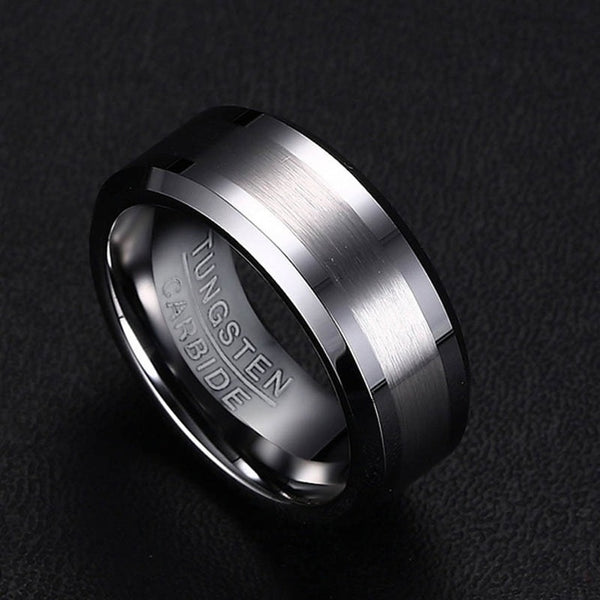 Men's Simple 8mm Silver Matte Finish Groove Tungsten Carbide Ring