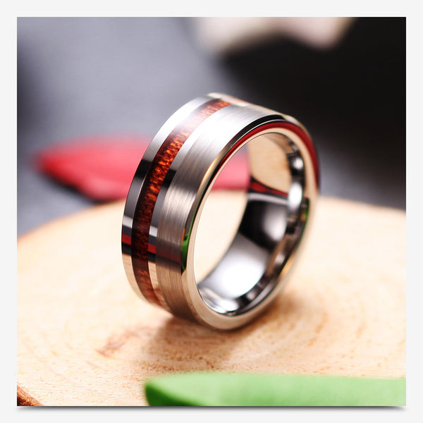 Men's 8mm Silver Offset Wood Grain Inlay Tungsten Carbide Ring