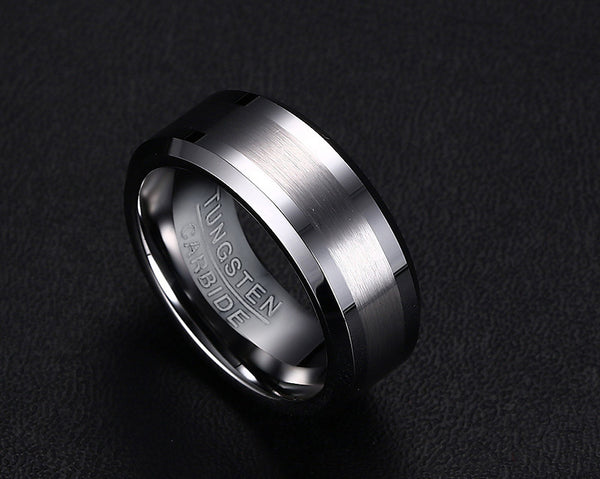 Men's Simple 8mm Silver Matte Finish Groove Tungsten Carbide Ring