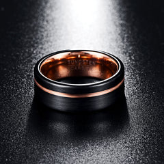 Men's 8mm Black Matte Finish Rose Gold Offset Groove Flat Tungsten Carbide Ring