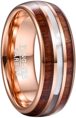 Men's 8mm Hawaiian Koa Wood Rose Gold and Pearl Shell Inlay Tungsten Carbide Ring