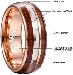 Men's 8mm Hawaiian Koa Wood Rose Gold and Pearl Shell Inlay Tungsten Carbide Ring