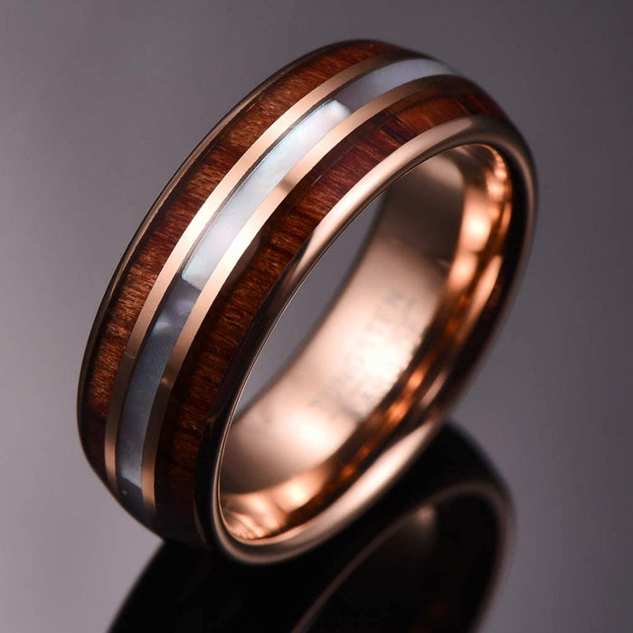 Men's 8mm Hawaiian Koa Wood Rose Gold and Pearl Shell Inlay Tungsten Carbide Ring