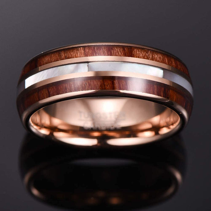 Men's 8mm Hawaiian Koa Wood Rose Gold and Pearl Shell Inlay Tungsten Carbide Ring