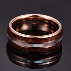 Men's 8mm Hawaiian Koa Wood Rose Gold and Pearl Shell Inlay Tungsten Carbide Ring