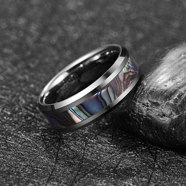 Men's 8mm Inlaid Abalone Shell Polished Silver Tungsten Carbide Ring