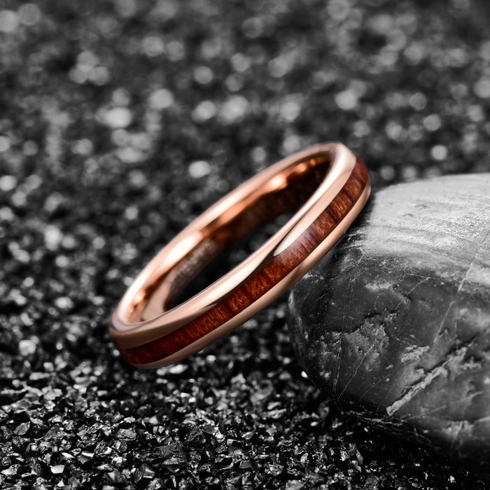 Women's 4mm Hawaiian Koa Wood Inlay Rose Gold Tungsten Carbide Ring