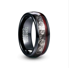 Men's 8mm Triple Spiral Pattern Inlay Red Guitar String Tungsten Carbide Ring