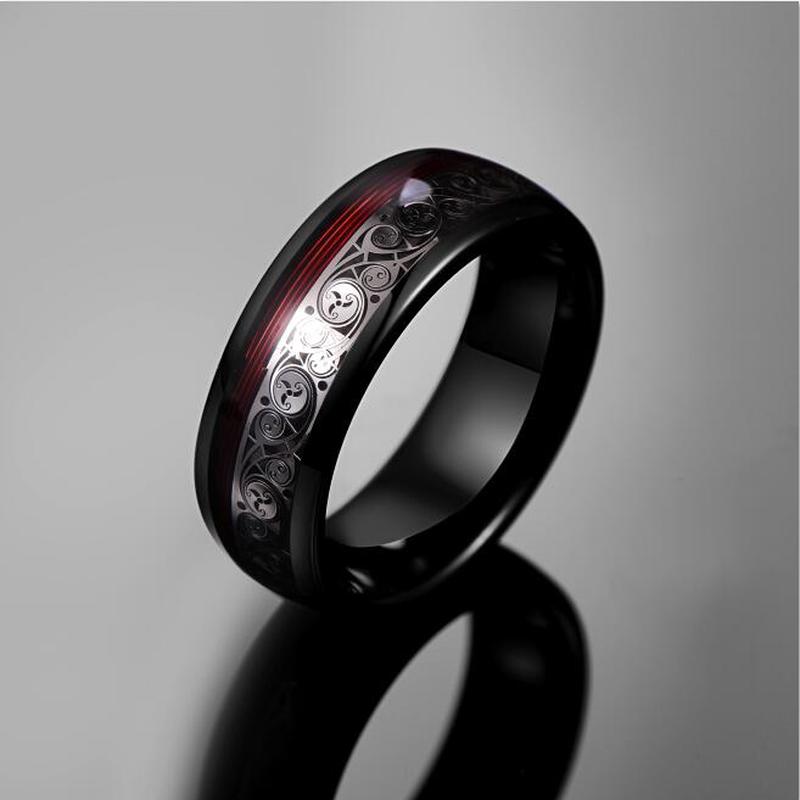 Men's 8mm Triple Spiral Pattern Inlay Red Guitar String Tungsten Carbide Ring