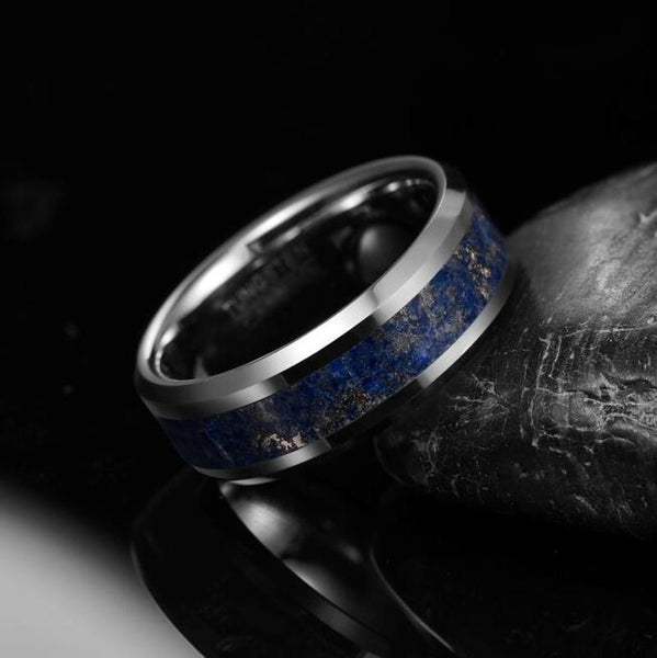 Men's 8mm Inlaid Lapis Tungsten Carbide Ring