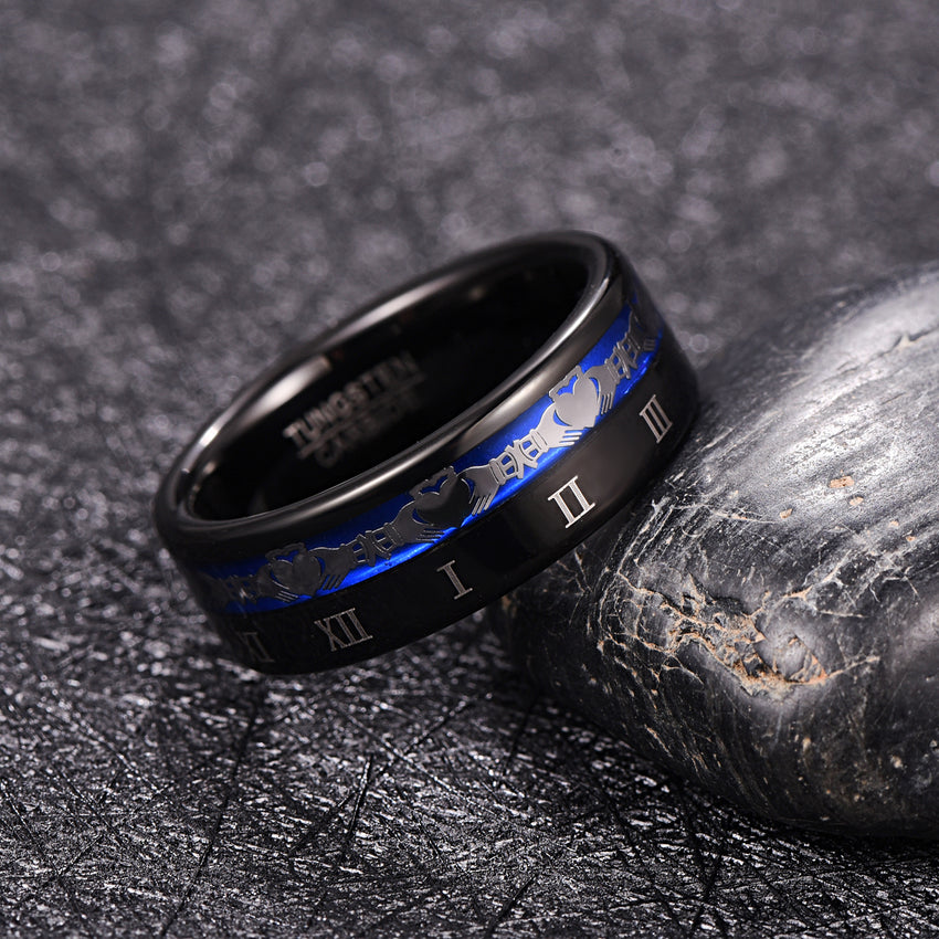 Men's 8mm Engraved Roman Numeral Black Tungsten Carbide Ring