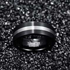 Men's 8mm Brushed Black and Silver Tungsten Carbide Ring