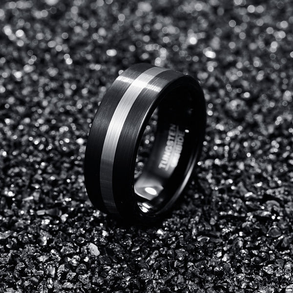 Men's 8mm Brushed Black and Silver Tungsten Carbide Ring