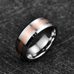 Men's 8mm Polished Steel and Rose Gold Inner Tungsten Carbide Ring