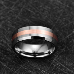 Men's 8mm Polished Steel and Rose Gold Inner Tungsten Carbide Ring