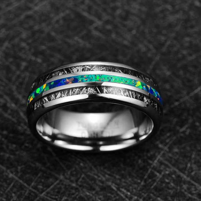 Men's 8mm Inlaid Black Meteorite and Green Opal Tungsten Carbide Ring