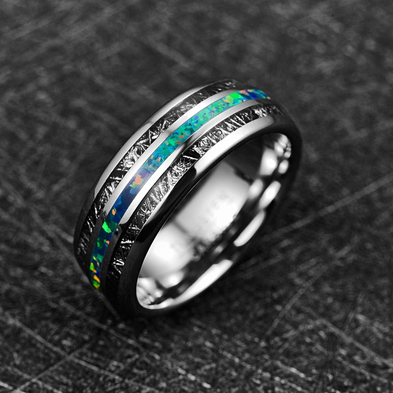 Men's 8mm Inlaid Black Meteorite and Green Opal Tungsten Carbide Ring