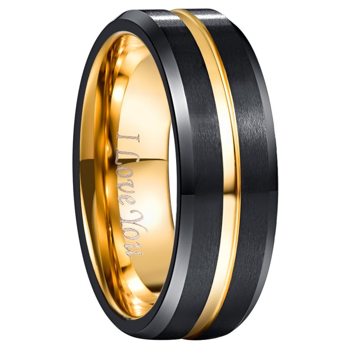 Men's 8mm Brushed Black and Gold Inner Tungsten Carbide Ring
