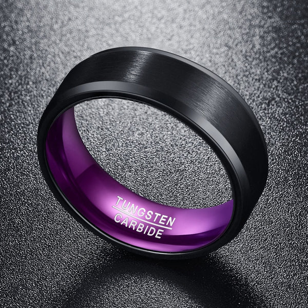 Men's 8mm Purple Inner Flat Bevel Edge Black Tungsten Carbide Ring