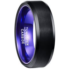 Men's 8mm Dark Blue Inner Flat Bevel Edge Black Tungsten Carbide Ring