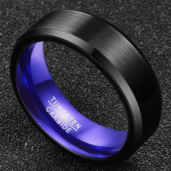 Men's 8mm Dark Blue Inner Flat Bevel Edge Black Tungsten Carbide Ring