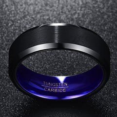 Men's 8mm Dark Blue Inner Flat Bevel Edge Black Tungsten Carbide Ring