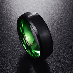 Men's 8mm Green Inner Rounded Bevel Edge Black Tungsten Carbide Ring