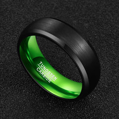 Men's 8mm Green Inner Rounded Bevel Edge Black Tungsten Carbide Ring