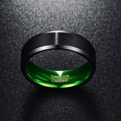 Men's 8mm Green Inner Rounded Bevel Edge Black Tungsten Carbide Ring