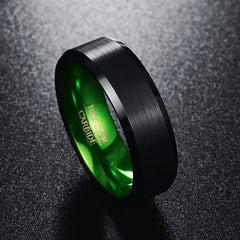 Men's 8mm Green Inner Rounded Bevel Edge Black Tungsten Carbide Ring