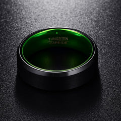 Men's 8mm Green Inner Rounded Bevel Edge Black Tungsten Carbide Ring