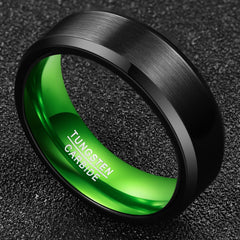 Men's 8mm Green Inner Rounded Bevel Edge Black Tungsten Carbide Ring