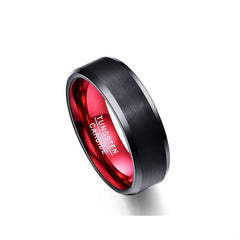 Men's 8mm Red Inner Flat Bevel Edge Black Tungsten Carbide Ring